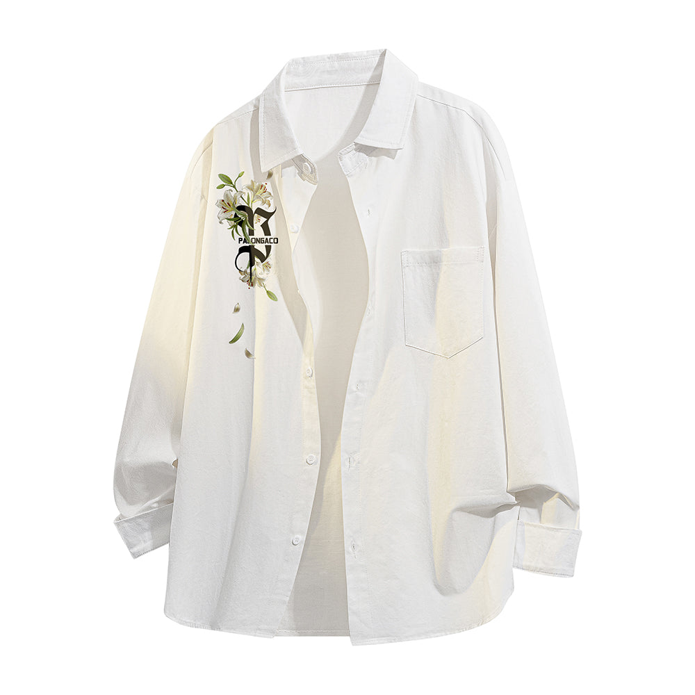 Pal ongaco pal ongaco Amerika retro jinssiz asosiy modellar harflar logotipi soxta kashtado'zlik o'simliklari gulli dizayn printlar oddiy lapel bo'shashmasdan qulay yelkalar paxta uzun yengli erkaklar va ayollar uchun ko'ylaklar