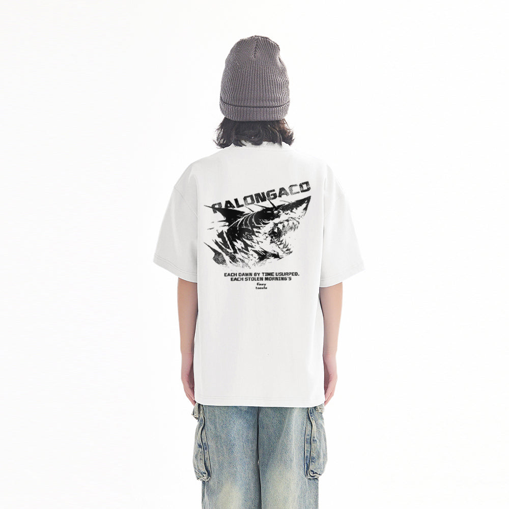 Pal ongaco amerikalik gangster chiroyli shark harflari bosma sayohat universal niche genderless tide bo'sh ekipaj bo'yinli qisqa yengli futbolka erkaklar va ayollar bir xil