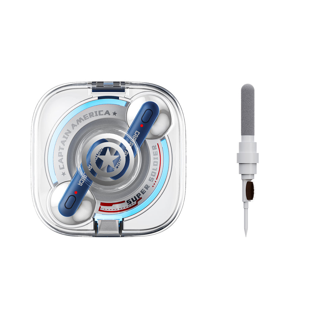 Disney QS28 Kapitan Amerika Iron Man 100-yillik modeli Haqiqiy avtorizatsiyalangan shaffof oʻyin sport shovqinlarini bekor qiluvchi Apple Android universal quloqqa simsiz Bluetooth eshitish vositasi