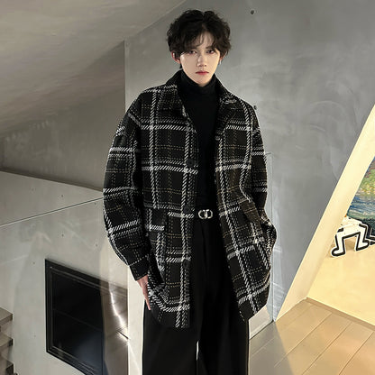 Awao Amerika baland ko'cha tvidli o'rta uzunlikdagi ko'ylagi koreyscha qishki bo'sh tvid juftlik qalin issiq qulay trendli to'da chiroyli palto bir xil modeldagi erkaklar va ayollar