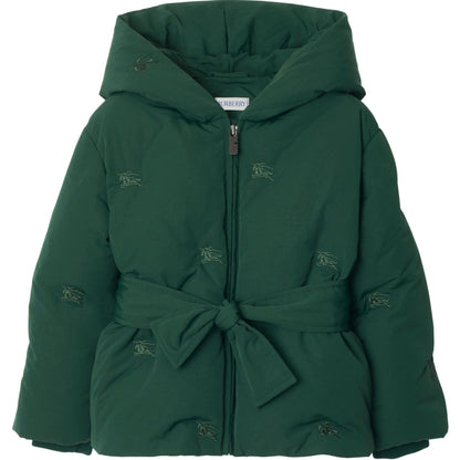 Burberry пуховая куртка fw24 equestrian horseman с капюшоном и вышивкой с длинным рукавом темно-зеленый детские