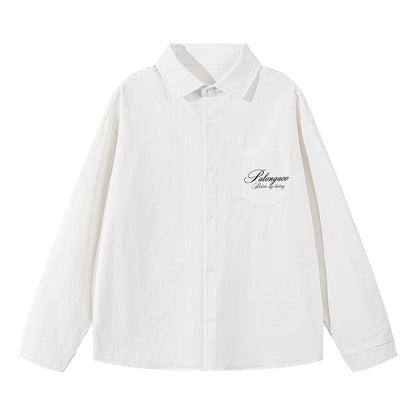 Pal ongaco pal ongaco Amerika retro qo'lyozma harflar logotipi bosma tasodifiy bo'sh uzun yengli ko'ylaklar lapel ko'ylagi bahor va kuz modellari chiroyli ko'p qirrali oddiy paxta ishchi ko'ylagi bir xil modeldagi erkaklar va ayollar