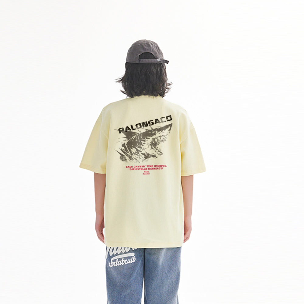 Pal ongaco amerikalik gangster chiroyli shark harflari bosma sayohat universal niche genderless tide bo'sh ekipaj bo'yinli qisqa yengli futbolka erkaklar va ayollar bir xil