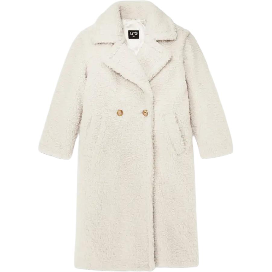 Ugg gertrude long teddy coat solid colour lapel double breasted fitted long sleeve midi coat women's white