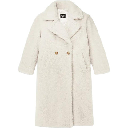 Ugg gertrude long teddy coat solid colour lapel double breasted fitted long sleeve midi coat women's white