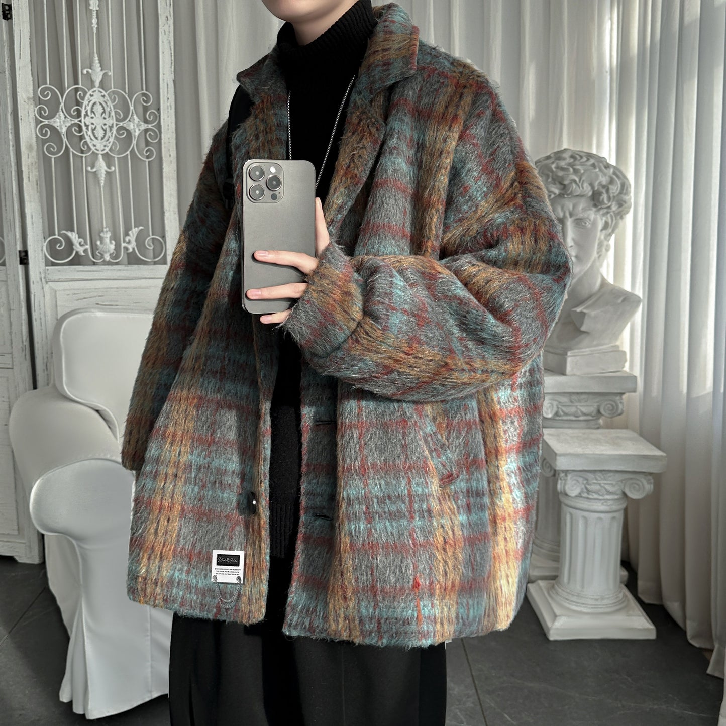 Lazy wind clash plaid issiq qalinlashgan tvid top yaqin bu yerda Amerika retro yuqori trend ko'cha bo'sh qulay kostyum yoqasi off yelka uzun yengi ko'ylagi Koreys tasodifiy commute klassik Britaniya asosiy m