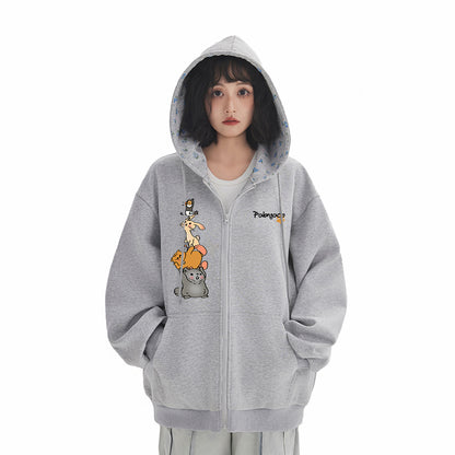 Pal ongaco pal ongaco Amerika retro soddaligi multfilm naqshli bosma harflar logotipi erkin universal trend ko'ylagi ko'ylagi qulay tasodifiy kaputli kardigan kozok erkaklar va ayollar bir xil paragraf bilan