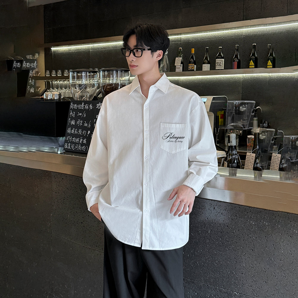 Pal ongaco pal ongaco Amerika retro qo'lyozma harflar logotipi bosma tasodifiy bo'sh uzun yengli ko'ylaklar lapel ko'ylagi bahor va kuz modellari chiroyli ko'p qirrali oddiy paxta ishchi ko'ylagi bir xil modeldagi erkaklar va ayollar