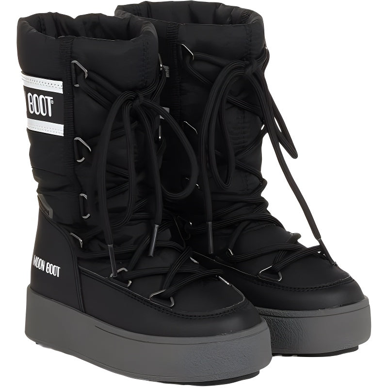 Moon boot leather fabric round toe lace up high top kid's boots black kid's