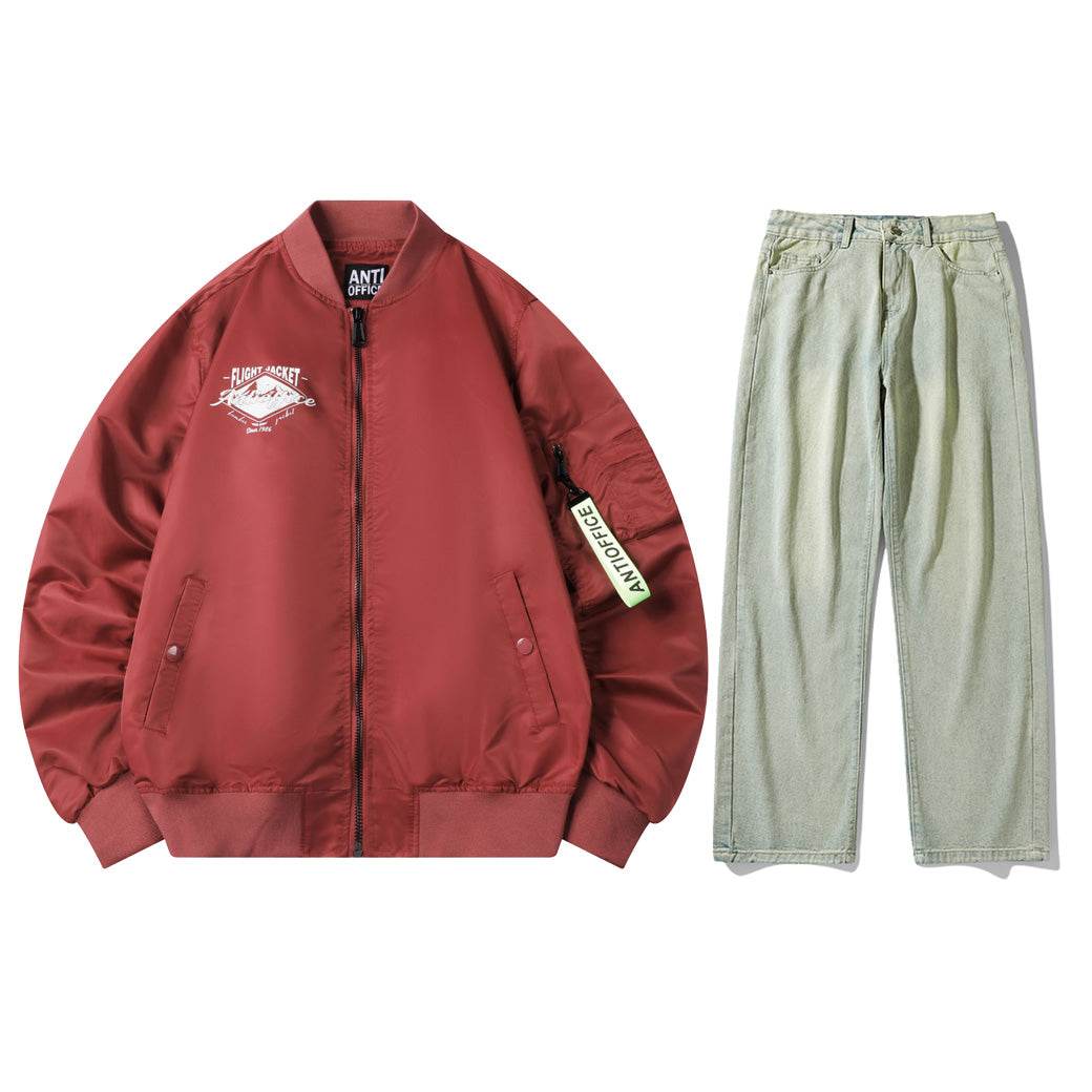 Антиофис гонконг стиль куртка с свободными широкими ногами джинсы повседневная работа поездка костюм городской новый молодежный простой и удобный с хорошим набором одежды осень и зима мужские модели - Boxette Shop