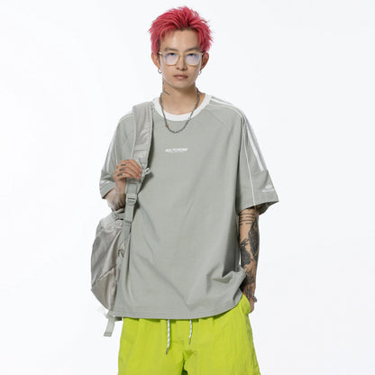 Kollej uslubidagi golfkross rangli to'qnashuv lentasi chiziqli yelkali yengli dumaloq bo'yinli qisqa yengli futbolka bir xil paragrafli erkaklar va ayollar