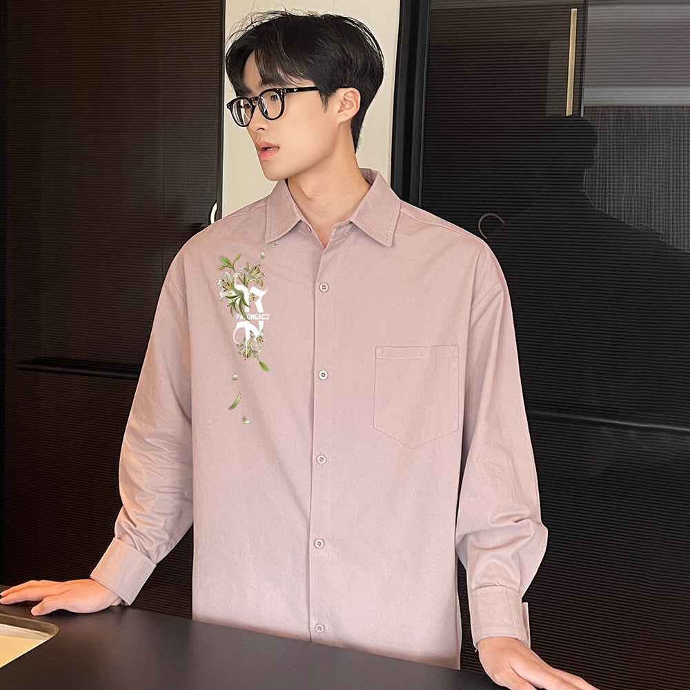 Pal ongaco pal ongaco Amerika retro jinssiz asosiy modellar harflar logotipi soxta kashtado'zlik o'simliklari gulli dizayn printlar oddiy lapel bo'shashmasdan qulay yelkalar paxta uzun yengli erkaklar va ayollar uchun ko'ylaklar