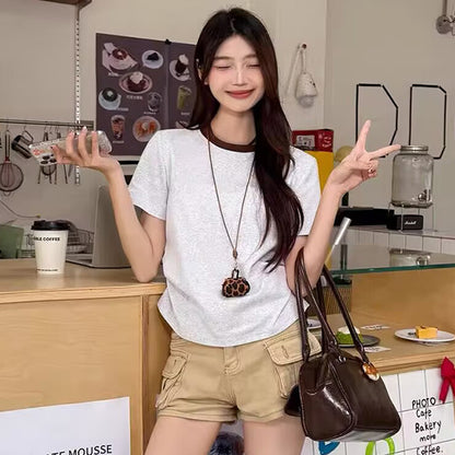 Pal ongaco pal ongaco Amerika ins trend to'qnashuvi qovurg'ali yoqa cho'zilgan bel nozik nozik shirin chili qisqa ekipaj bo'yinli qisqa yengli futbolka ayollar