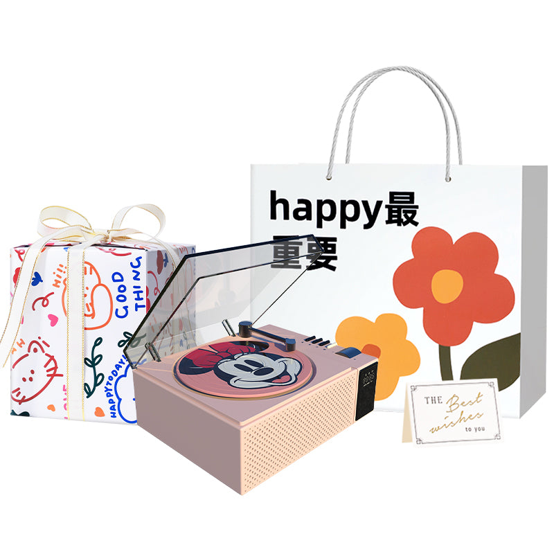 Disney retro vinil bluetooth dinamiki Hifi ovoz sifati led atrof-muhit yorug'ligi aylanadigan rekord ofis uyi aqlli AI soati ijodiy multfilm uslubidagi sovg'a to'plami