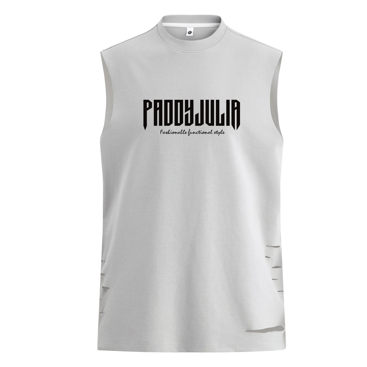 Paddy Julia harfli bosma naqshli yengsiz yelek orqali tartibsiz teshiklarni yuvib, modellari bilan erkaklar va ayollar