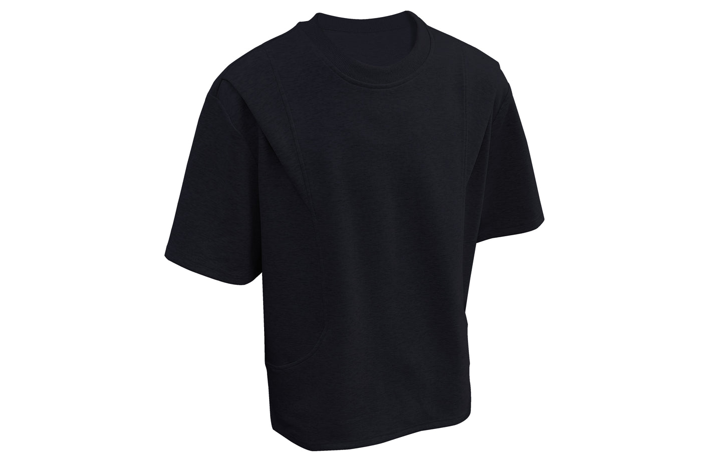 Paddy Julia bir xil rangdagi toza to'rtburchakli yelkali siluet, dekonstruksiya qilingan katta tuyg'usi yumaloq bo'yinli bo'shashgan yelkali ko'p qirrali besh chorak yengli qisqa yengli futbolka bir xil modeldagi erkaklar va ayollar