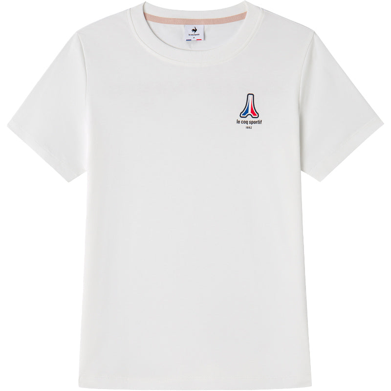 Le coq sportif brendi logotipi shablonlari ochiq havoda kundalik sport ekipaji bo'yinbog'li kalta yengli futbolka ayollar