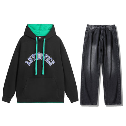 Anti-ofis shaharcha yangi yoshlar tasodifiy sayohat oddiy qulay sport kostyumi shamol trendi ko'p qirrali kozok yupqa tekis jinsi o'g'il ikki qismli kostyum kiyimi kuz va qishki erkaklar modellari