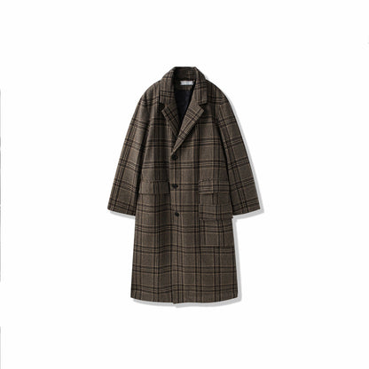 Yumshoq astarli o'rta uzunlikdagi tvid qalin tizzali koreyscha bo'shashgan britan uslubidagi pastki palto bir xil ko'krakli erkaklar va ayollar