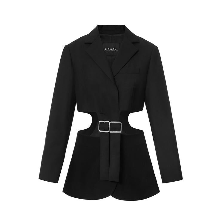 Moco dekonstruksiya qilingan dizayndagi yuqori belli kesilgan metall tugmali keng yelkali blazer ayollar qora