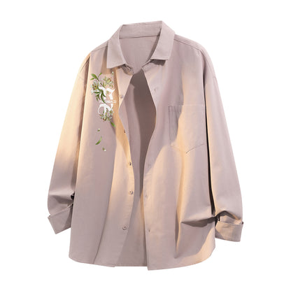 Pal ongaco pal ongaco Amerika retro jinssiz asosiy modellar harflar logotipi soxta kashtado'zlik o'simliklari gulli dizayn printlar oddiy lapel bo'shashmasdan qulay yelkalar paxta uzun yengli erkaklar va ayollar uchun ko'ylaklar