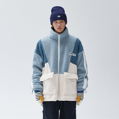 Golfkross ish kiyimi cho'ntaklari bir-biriga bog'langan to'qnashuv rangli qo'zichoq juni harflari yorlig'i qalinlashgan yoqa bo'sh paxta ko'ylagi bir xil narsali erkaklar va ayollar