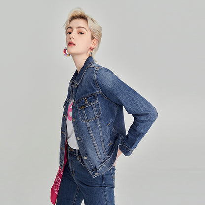 Li vintage lapel bir koʻkrakli uzun yengli qulay jinsi kurtkasi oʻrta koʻk