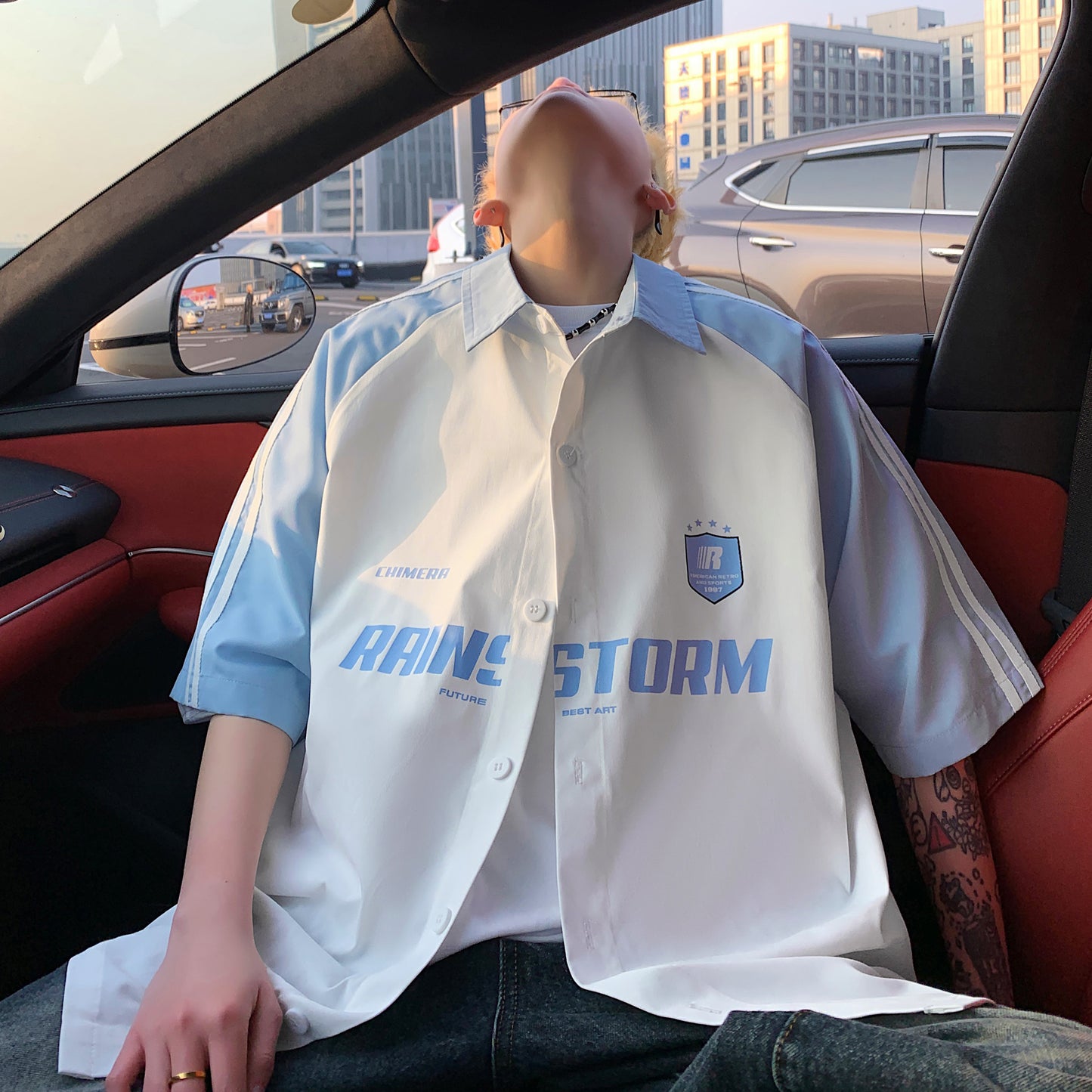 Paddy Julia Amerika ko'cha yo'l-yo'l harflari lapel kiritilgan yelka bo'sh tasodifiy sayohat qisqa yengli ko'ylak erkaklar va ayollar bir xil