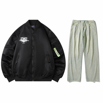 Антиофис гонконг стиль куртка с свободными широкими ногами джинсы повседневная работа поездка костюм городской новый молодежный простой и удобный с хорошим набором одежды осень и зима мужские модели - Boxette Shop
