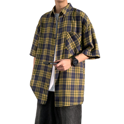 Hvga Amerika retro asosiy modellari plashli birlashma to'qnashuv rangli yarim yengli ko'ylak ko'ylagi ter singdirish nafas oladigan yupqa bo'sh katta o'lchamli talabalar partiyasi qisqa qisma ko'ylak erkaklar va ayollar modellari