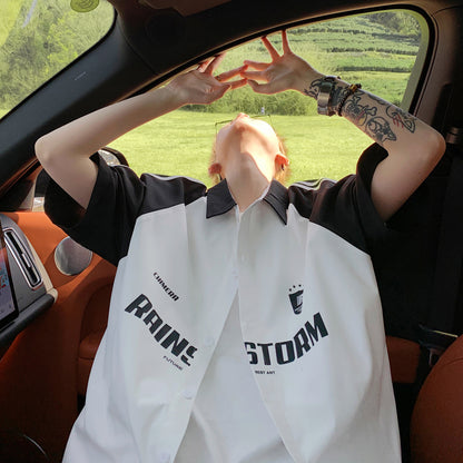 Paddy Julia Amerika ko'cha yo'l-yo'l harflari lapel kiritilgan yelka bo'sh tasodifiy sayohat qisqa yengli ko'ylak erkaklar va ayollar bir xil