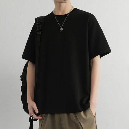 Hvga asosiy modellari eski pul uslubi yumshoq va qulay teri salqin tuyg'u yarim yengli pastki ko'ylak Amerika tekis rangli moda shaxsiyat trendi tasodifiy erkin qisqa qisma futbolkalar bir xil modellar bilan erkaklar va ayollar