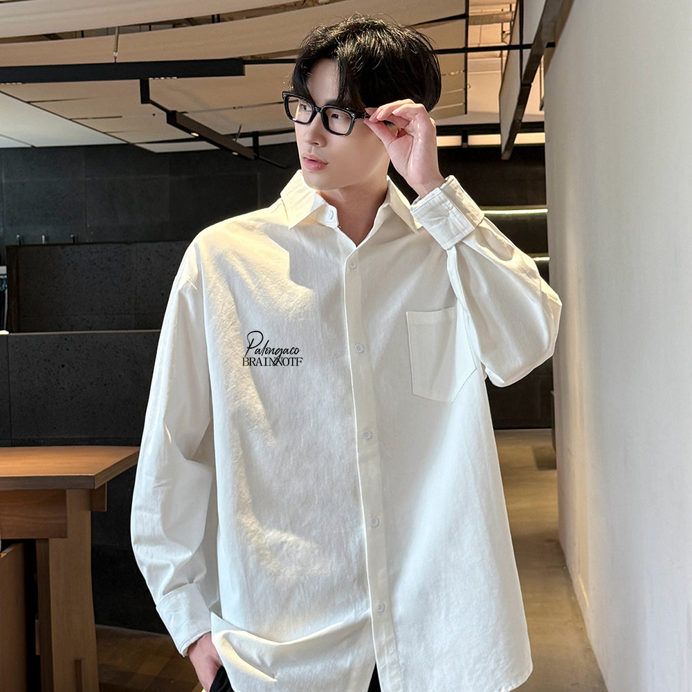 Pal ongaco pal ongaco Amerika retro yuqori ko'cha oddiy harflar logotipi bosma bir rangli trend bo'sh universal dangasa tuyg'u qulay paxta uzun yengli ko'ylak erkaklar va ayollar modellari bilan