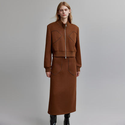 Elle frantsuzcha dizayndagi fermuarli musbat yelkali kozok qishki yangi oddiy tokchali ko'ylak yubka to'plami ayollar jigarrang