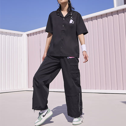 Iordaniya modasi sport uslubi tugmasi bo'sh qisqa yengli ko'ylak ayollar qora