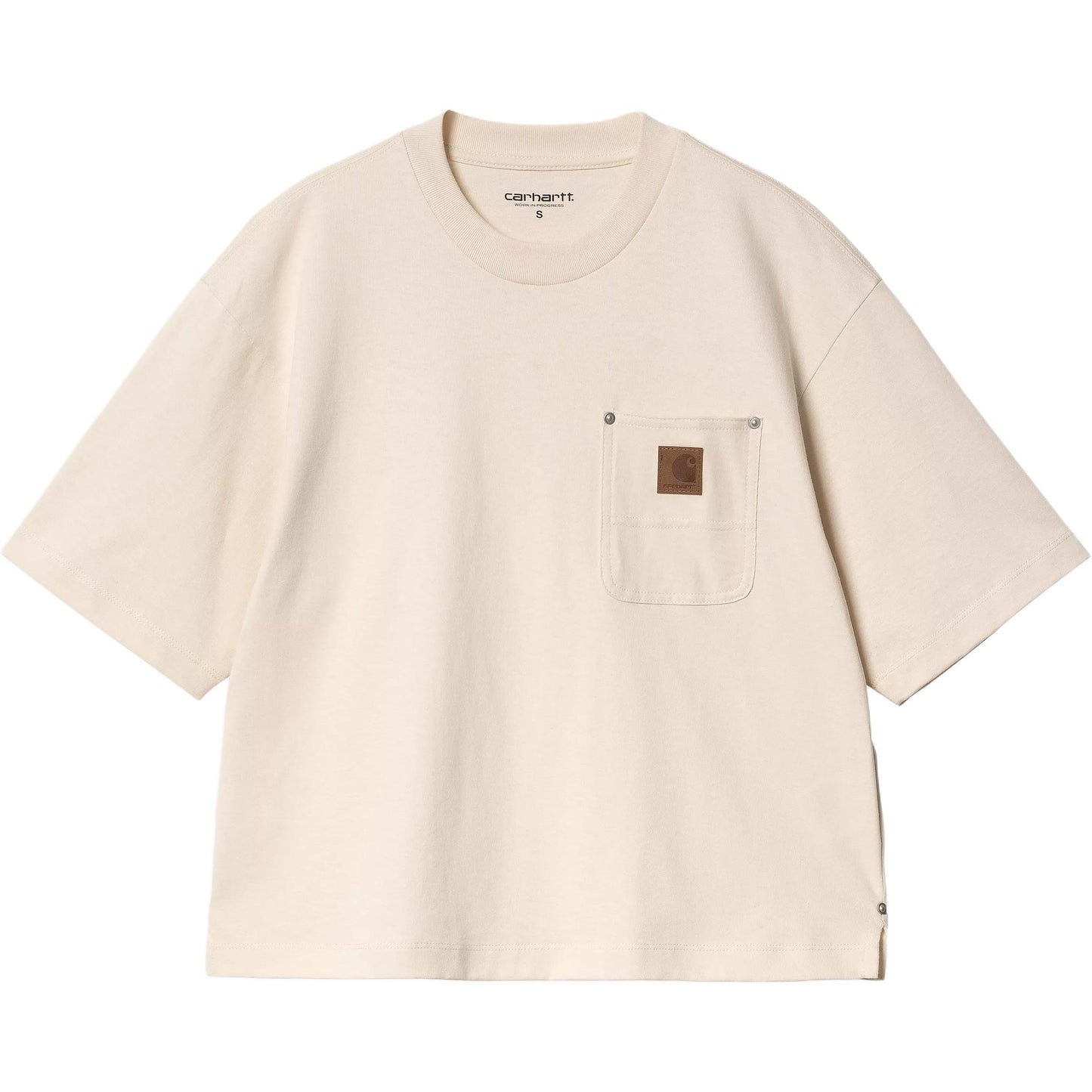 Carhartt wip w' s/s katta o'lchamli ko'krak cho'ntakli kvadrat yorliqli dumaloq bo'yinli qisqa yengli oddiy ayollar futbolkasi