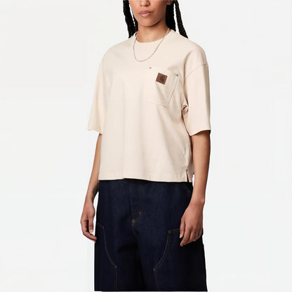 Carhartt wip w' s/s katta o'lchamli ko'krak cho'ntakli kvadrat yorliqli dumaloq bo'yinli qisqa yengli oddiy ayollar futbolkasi