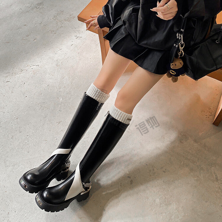 Balletcat воловья кожа цвет блокировки мода casual дизайн толстая подошва высокие сапоги 5 см женские