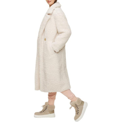 Ugg gertrude long teddy coat solid colour lapel double breasted fitted long sleeve midi coat women's white