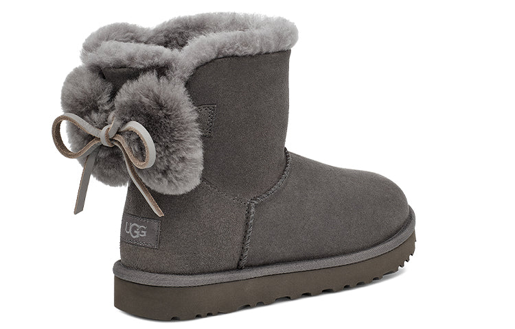 Ugg classic double bow mini замшевые теплые износостойкие нескользящие сапоги с двойным бантом, подбитые короткой трубкой, женские угольно-серые