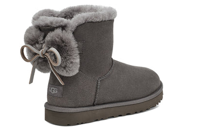 Ugg classic double bow mini замшевые теплые износостойкие нескользящие сапоги с двойным бантом, подбитые короткой трубкой, женские угольно-серые