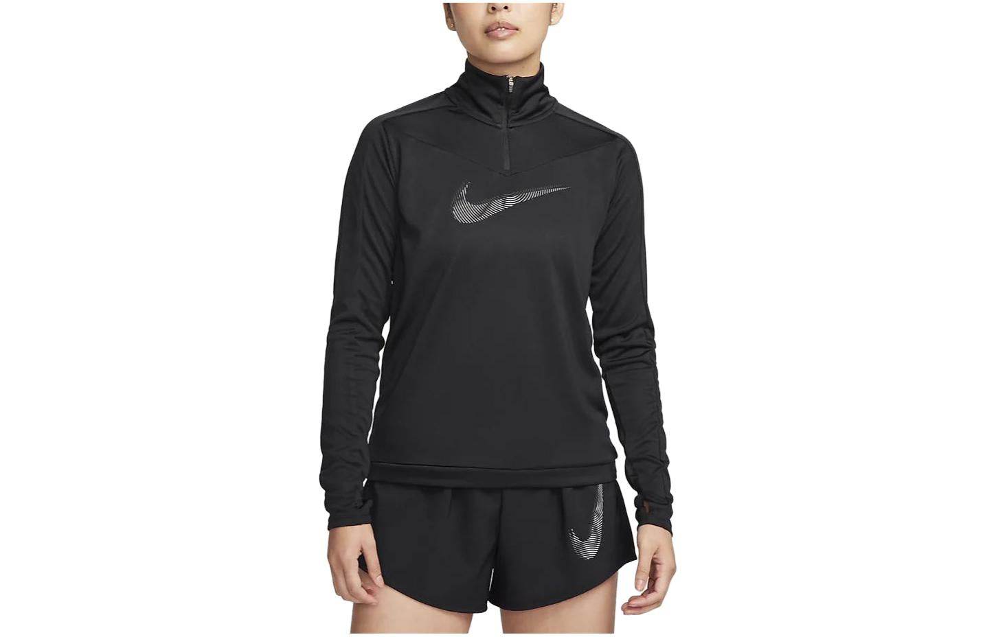 Nike логотип печать логотип половина молнии повседневная быстро сухой с длинным рукавом футболка женская черный - Boxette Shop
