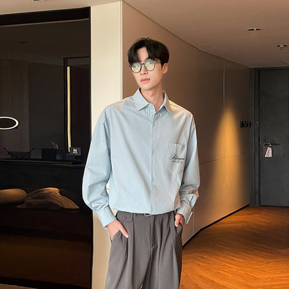 Pal ongaco pal ongaco Amerika retro qo'lyozma harflar logotipi bosma tasodifiy bo'sh uzun yengli ko'ylaklar lapel ko'ylagi bahor va kuz modellari chiroyli ko'p qirrali oddiy paxta ishchi ko'ylagi bir xil modeldagi erkaklar va ayollar