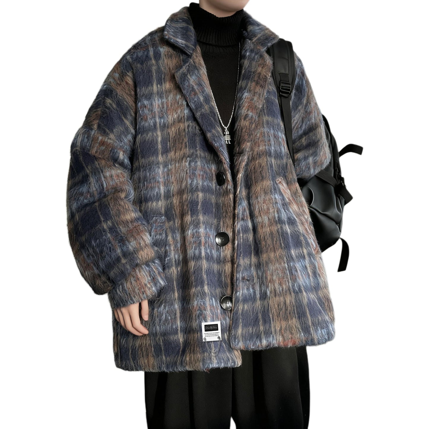 Lazy wind clash plaid issiq qalinlashgan tvid top yaqin bu yerda Amerika retro yuqori trend ko'cha bo'sh qulay kostyum yoqasi off yelka uzun yengi ko'ylagi Koreys tasodifiy commute klassik Britaniya asosiy m