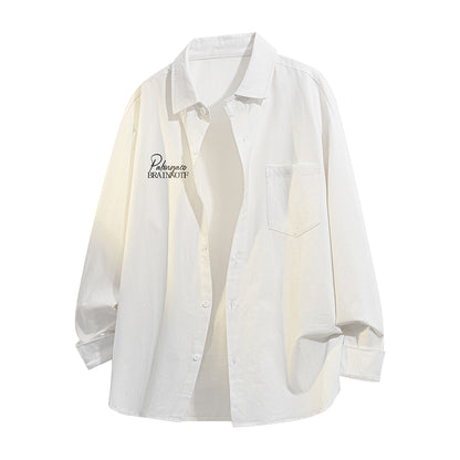 Pal ongaco pal ongaco Amerika retro yuqori ko'cha oddiy harflar logotipi bosma bir rangli trend bo'sh universal dangasa tuyg'u qulay paxta uzun yengli ko'ylak erkaklar va ayollar modellari bilan