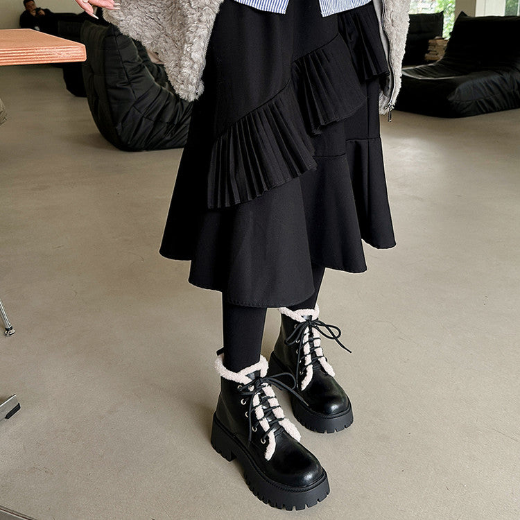 Balletcat коровья кожа толстая подошва мех шик padded темперамент сладкий дата носить удобный мода модные универсальный 11 см мартин сапоги 7 см женщины