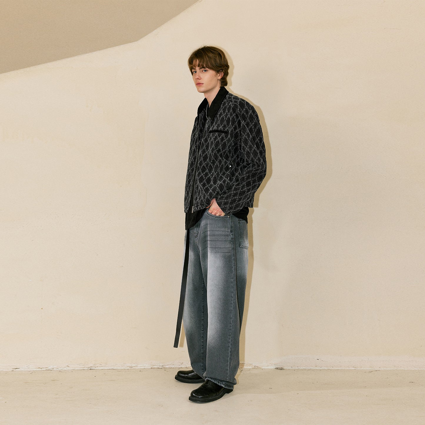 Lilbetter Retro Geometrik Teksturali Jakkard Lapel Daniy Ko'ylagi Erkaklar Qora