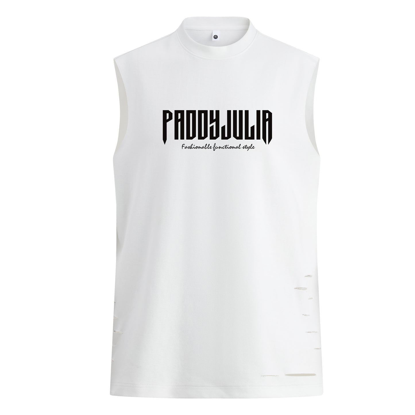 Paddy Julia harfli bosma naqshli yengsiz yelek orqali tartibsiz teshiklarni yuvib, modellari bilan erkaklar va ayollar