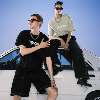 Lilbetter harfi logotipi bosma paxta amerikalik kundalik toza kiyimli dumaloq bo'yinli yarim yengli bo'shashgan juftlik qisqa yengli futbolka modelli erkaklar va ayollar