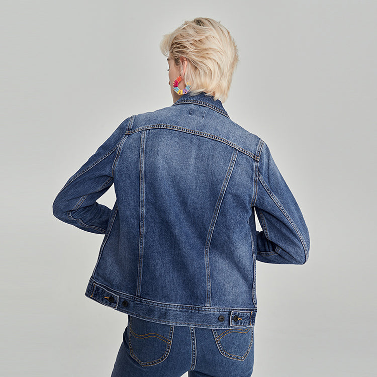 Li vintage lapel bir koʻkrakli uzun yengli qulay jinsi kurtkasi oʻrta koʻk